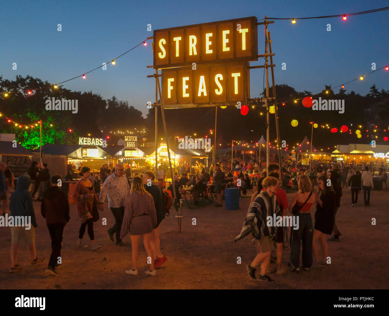 Street food area at night at the Latitude festival in Henham Park. Stock Photo