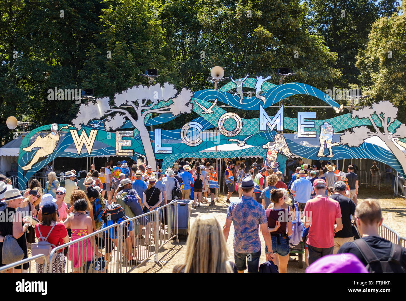 People queuing at the entrance to the Latitude festival in Henham Park. Stock Photo