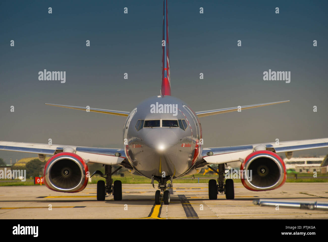 Boeing 737 jet operated by holiday airline Jet2 taxiing to the terminal