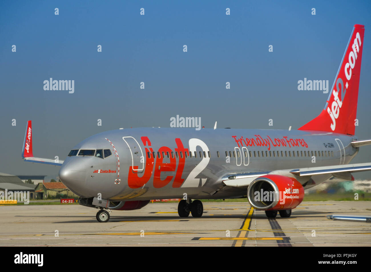 Boeing 737 jet operated by holiday airline Jet2 taxiing to the terminal