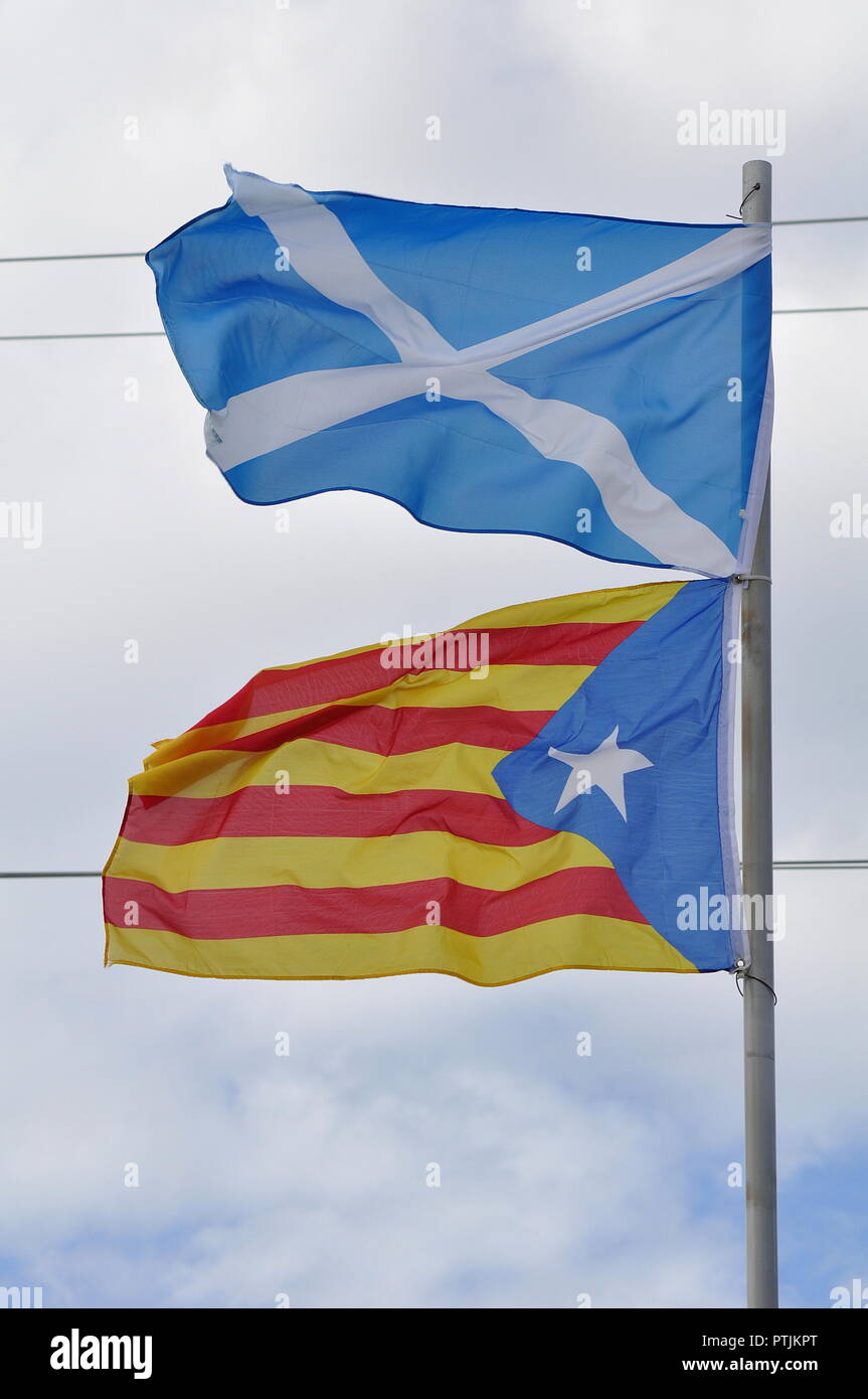 INDEPENDENCE ? - FLAGS OF SCOTLAND AND CATALONIA Stock Photo
