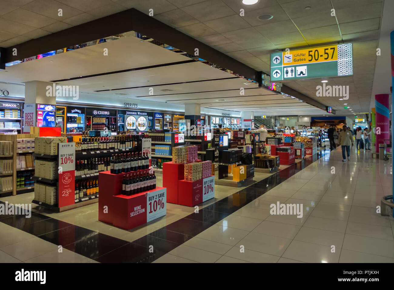 ABU DHABI,UNITED ARAB EMIRATES,APRIL 11,2018: The airport This is the duty free area of terminal 3,where you can buy alcohol,cigarettes,chocolat and p Stock Photo