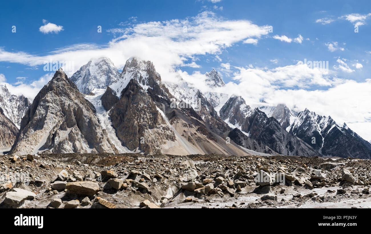 Gasherbrum group of mountains seen from Vigne glacier, Karakoram, Pakistan Stock Photo