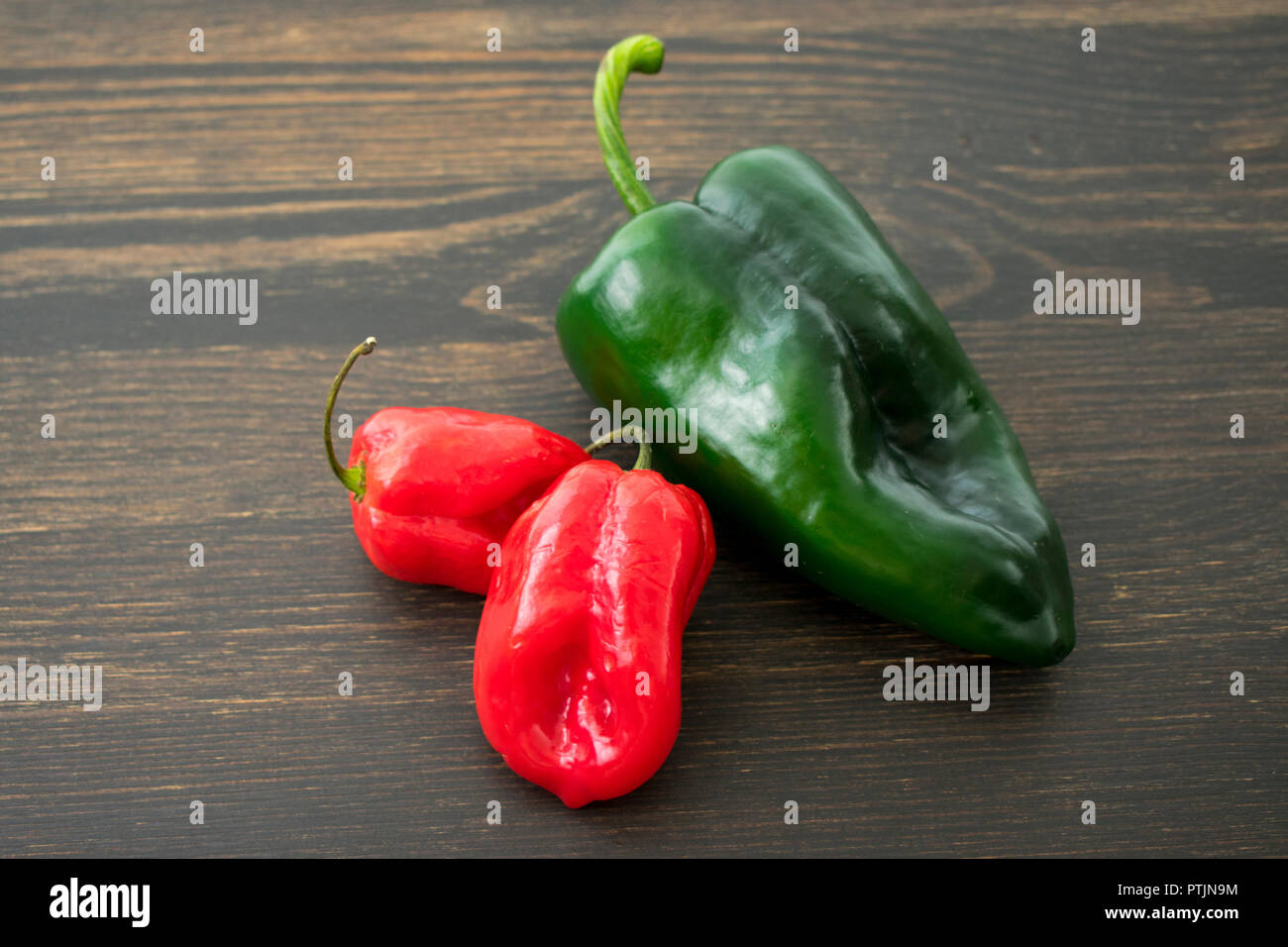 Scotch Bonnet and Poblano Peppers Stock Photo