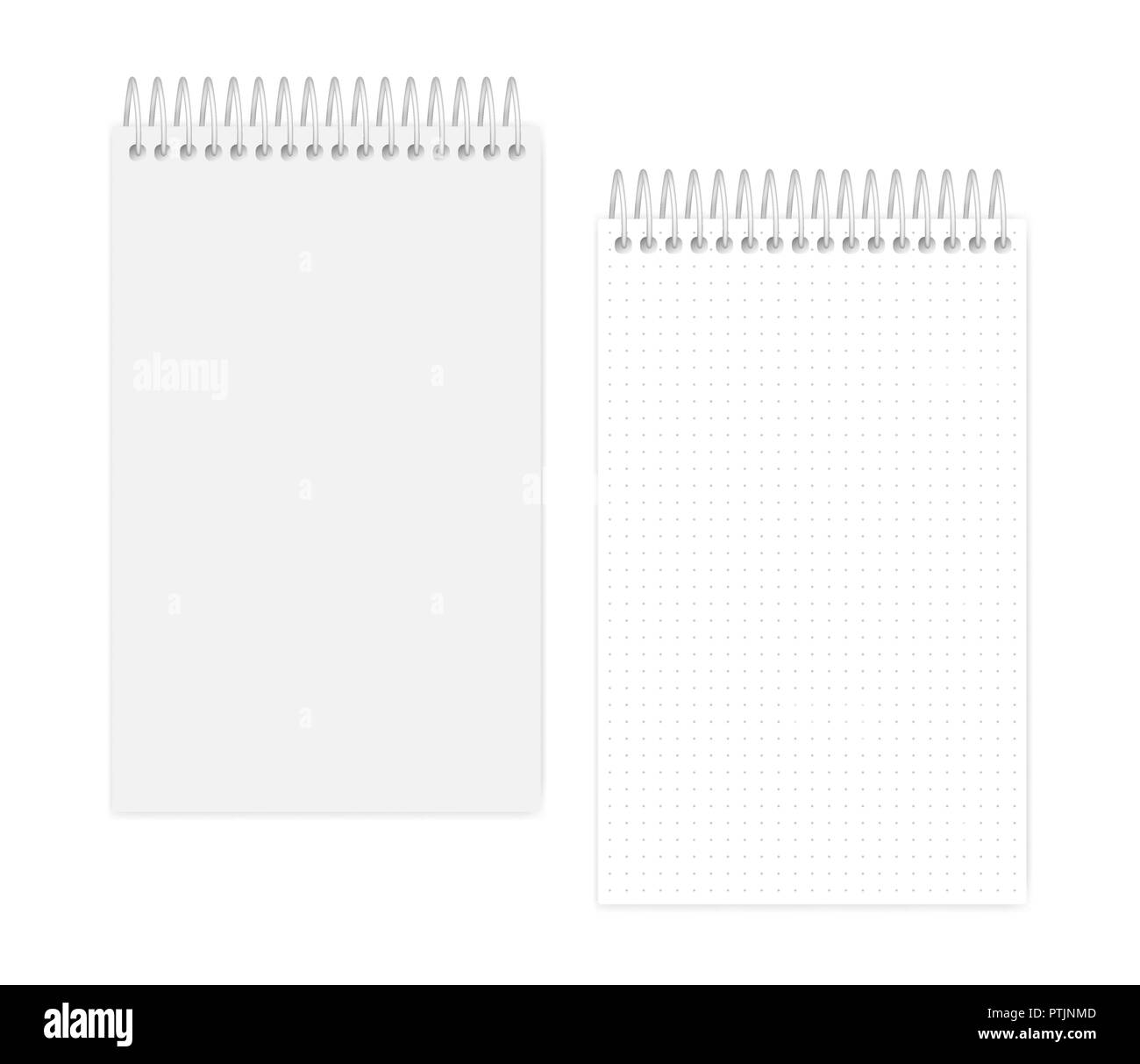 Top spiral dot grid notebook: page and cover, realistic vector mockup. Wire bound junior legal size notepad, mock up. Loose leaf note book, template Stock Vector