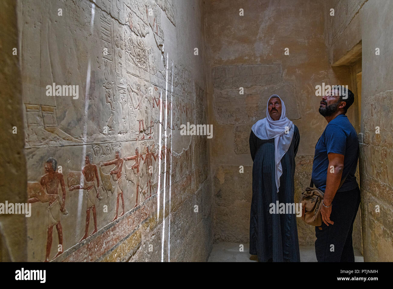 Colorful reliefs on the walls of the Mereruka  and Kagemni tombs north of the Teti Pyramid,at the Saqqara necropolis for the Ancient Egyptian capital Stock Photo