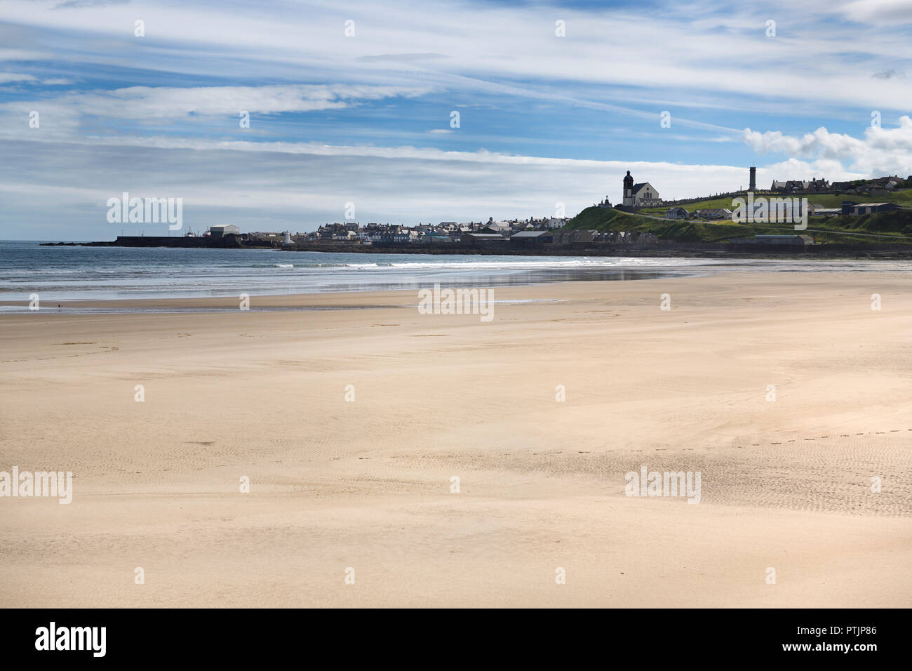 MacDuff village from Banff over River Deveran wide sand beach at Banff Bay Scotland UK with