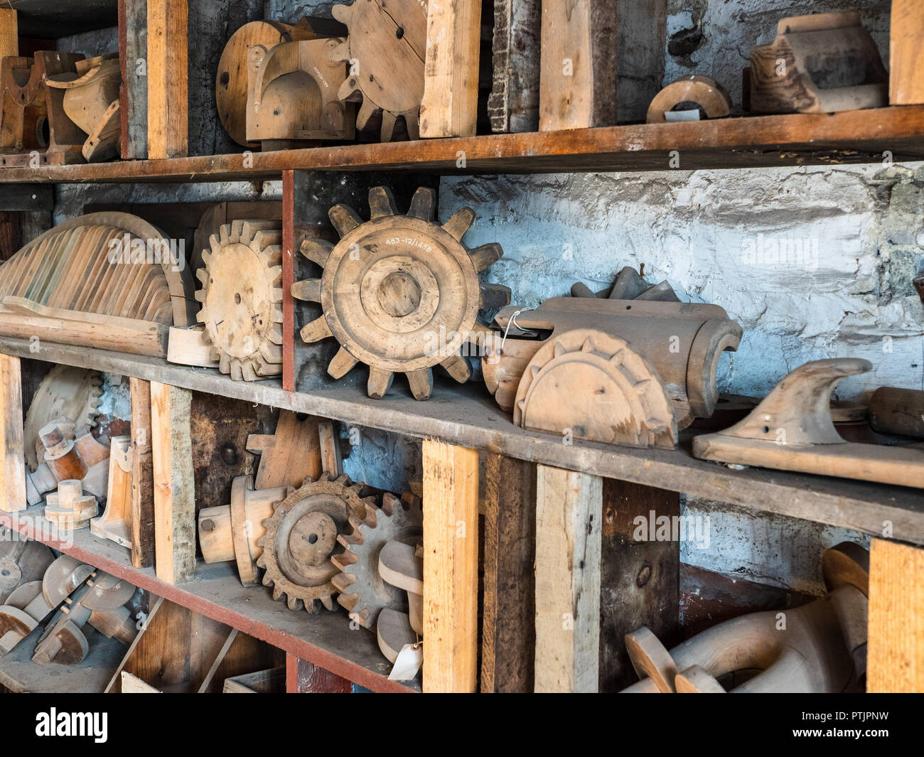 Wooden Foundry Moulds and Patterns at the Welsh National Slate Museum at Llanberis North Wales. The patterns are used to create shapes for castings. Stock Photo