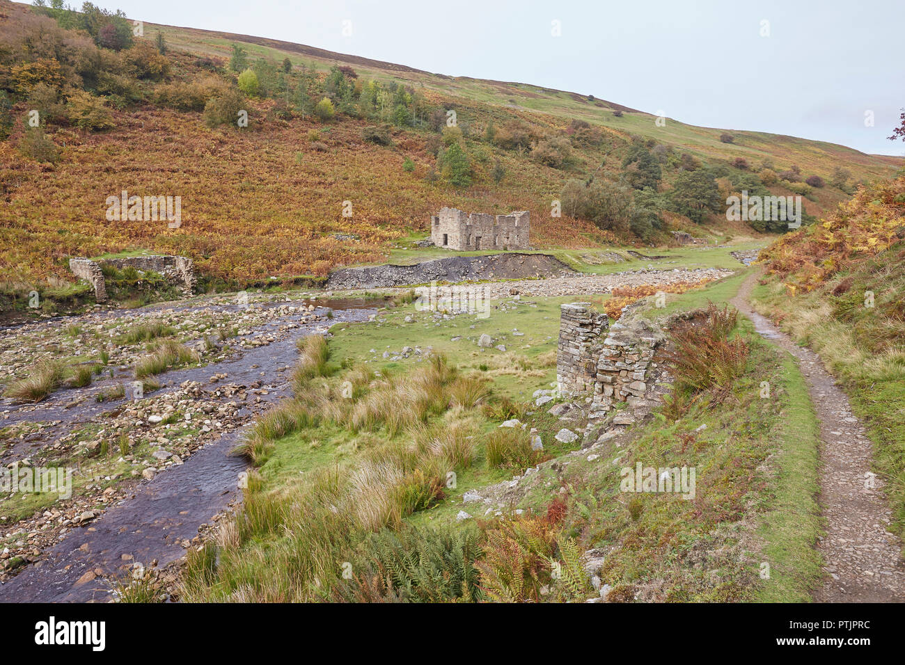 Remains of the once thriving lead mining industry, Gunnerside Ghyll Gill, Beck, Swaledale, Yorkshire Dales, UK. Sir Francis Dressing Floor. Stock Photo