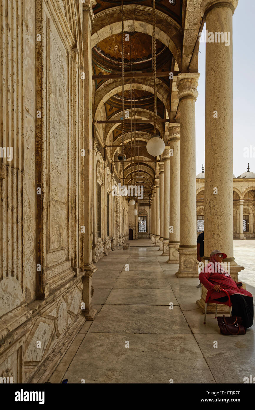 Alabaster  covered portico surrounding the courtyard of the Muhammad Ali mosque in Islamic Cairo Stock Photo