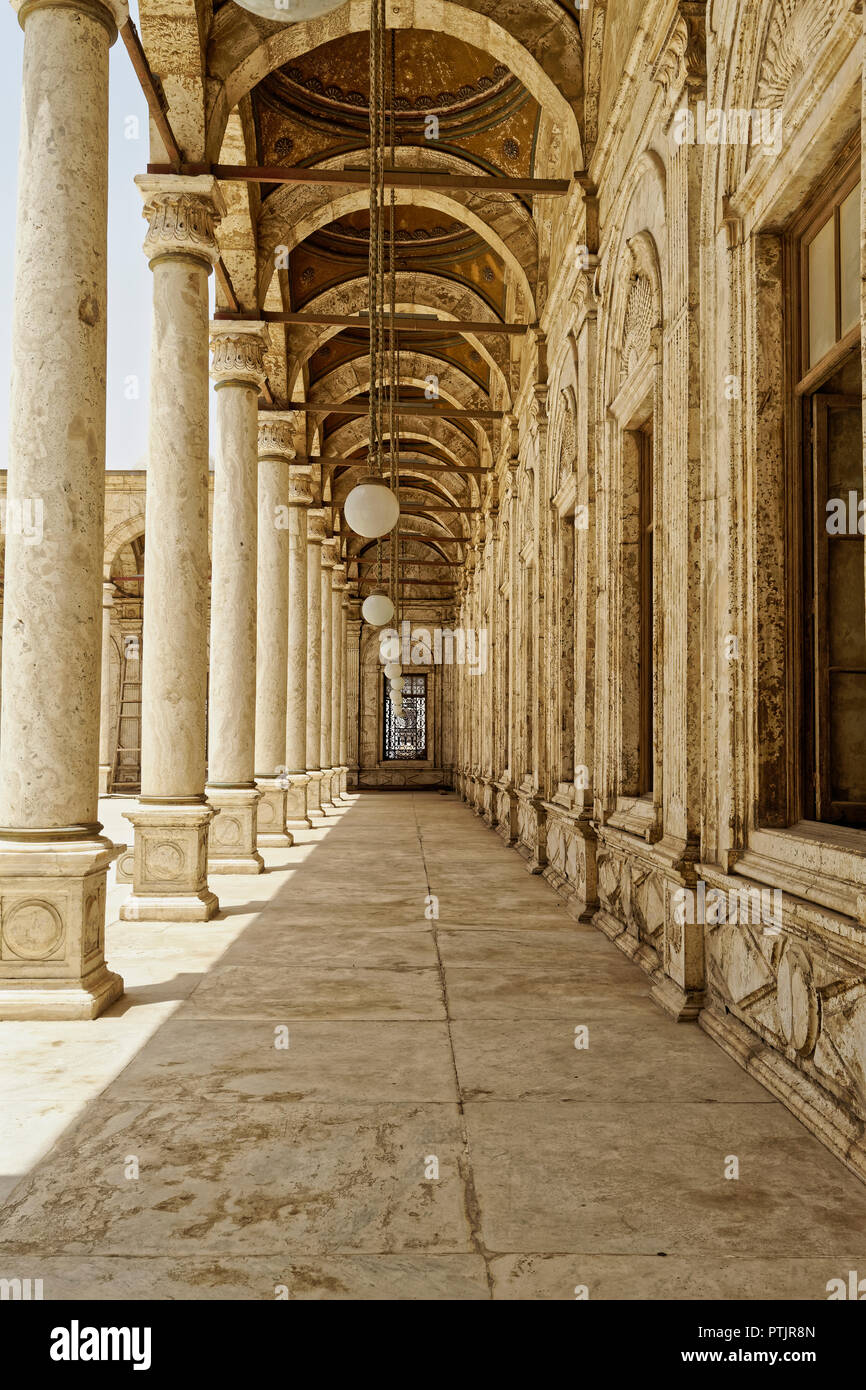 A general view of one of the arcades surrounding  the open courtyard  of the Mosque of Muhammad Ali at the Citadel in Islamic Cairo Stock Photo