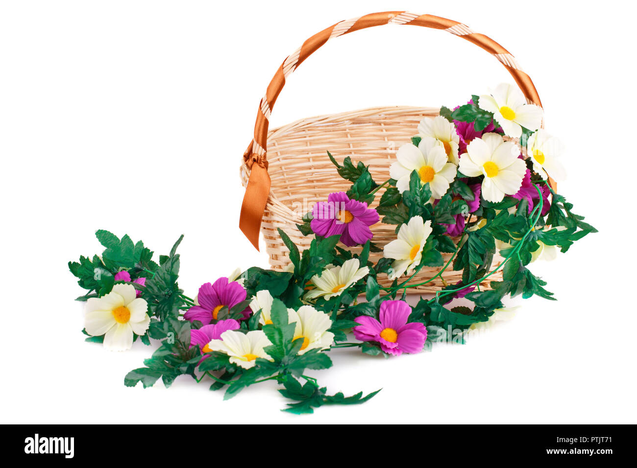 Fabric flowers in wicker basket isolated on white background Stock ...