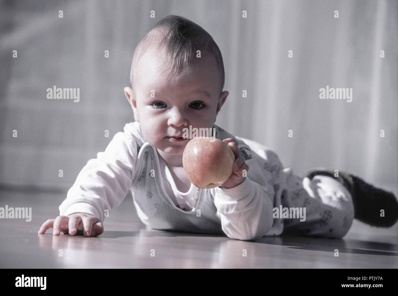 Baby Kleinkind Kind Krabbeln Krabbelt Boden Apfel Halten