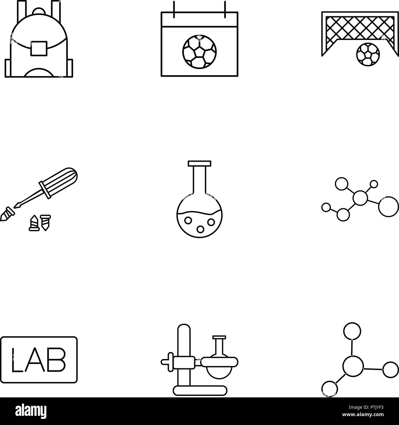 School bag , football , goal , screw driver , chmistry , beaker ,flask