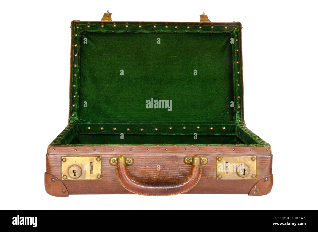 old worn open suitcase with green interior Stock Photo