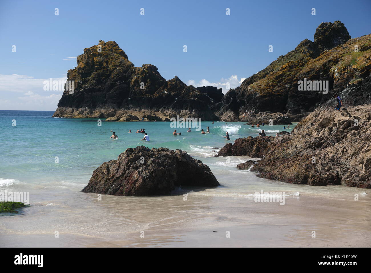 Kynance Cove situated on the Lizard peninsula two miles north of Lizard Point. Summer holiday destination. Stock Photo