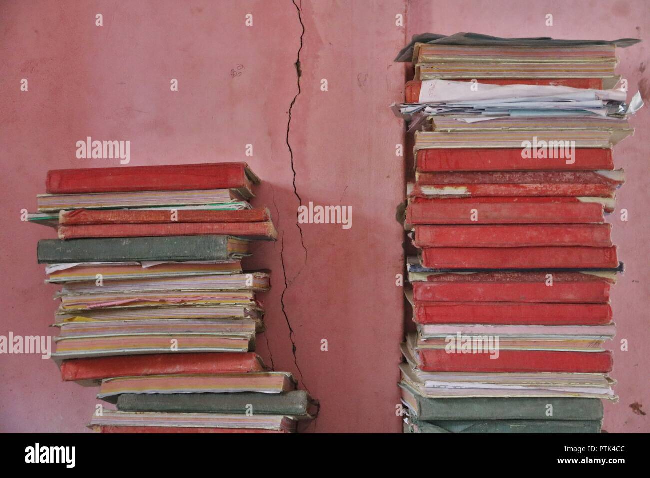 Books in a school in India. Used books. Stock Photo