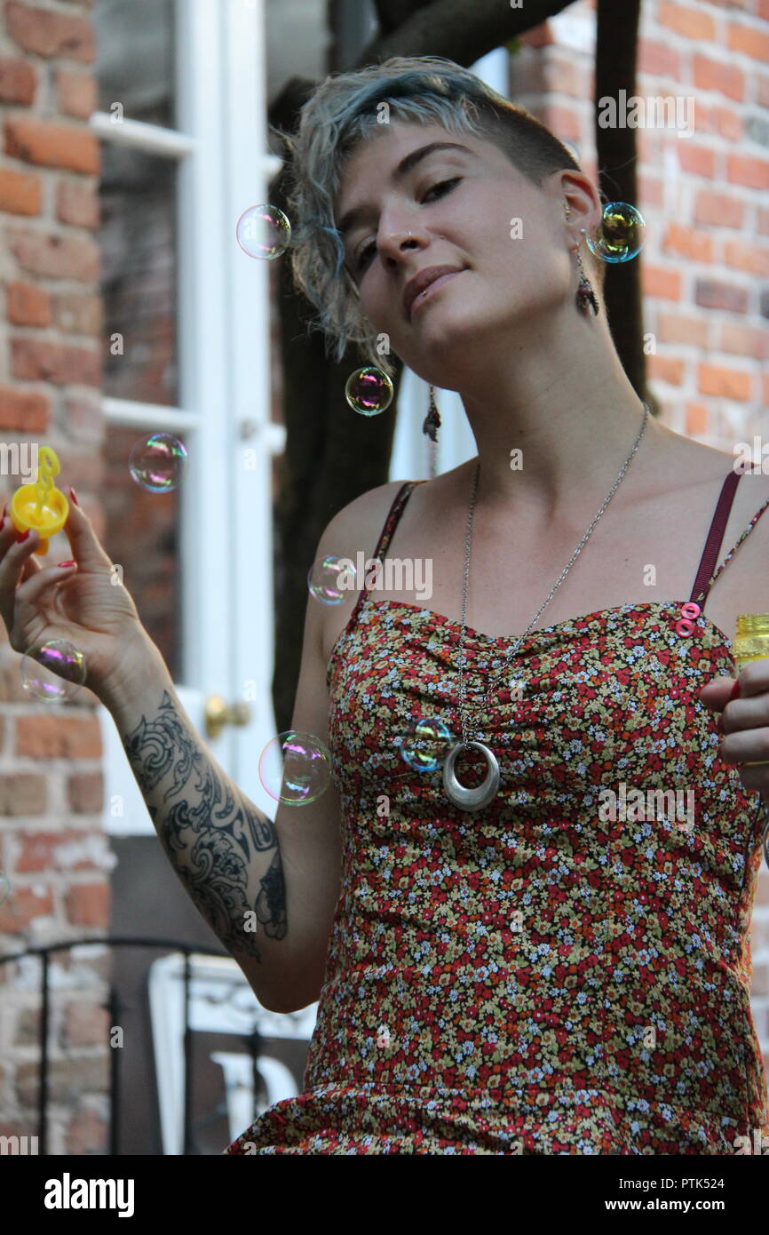 Sexy woman in New Orleans with soap bubbles Stock Photo