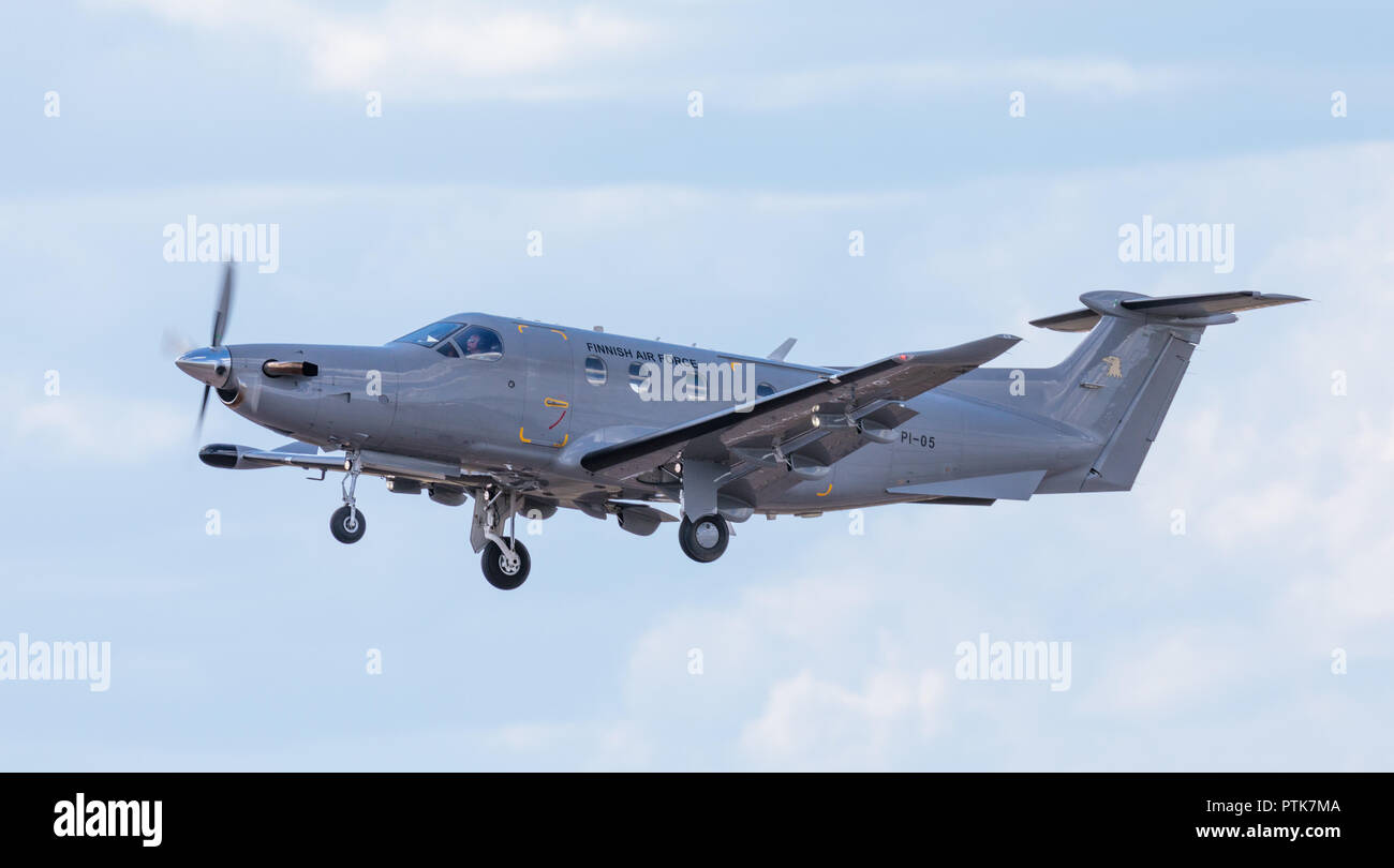 Finnish Air Force Pilatus PC-12 NG liaison aircraft flying at the 100 year anniversary air show of the FAF at Tikkakoski in 2018. Stock Photo