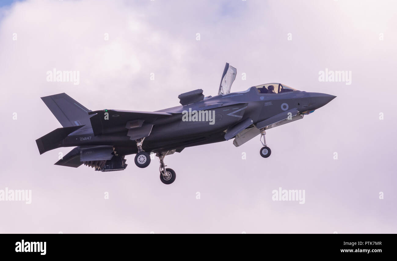 A British Lockheed Martin F-35 B Lightning II 5th generation multirole stealth fighter hovering on display flight at Duxford Air Show. Stock Photo