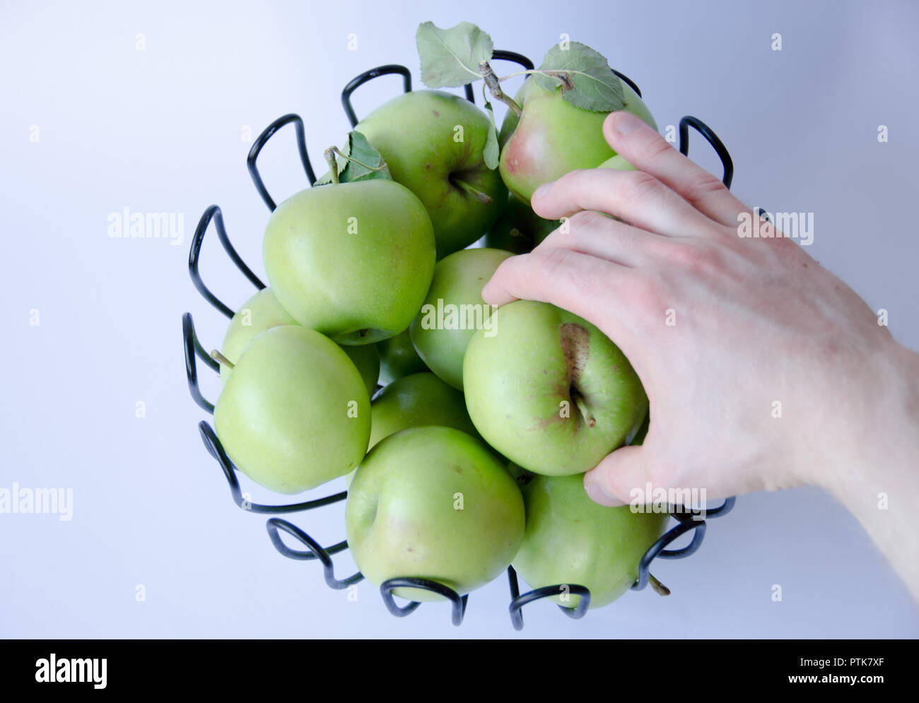 Group of green apple with leaves on white background Stock Photo