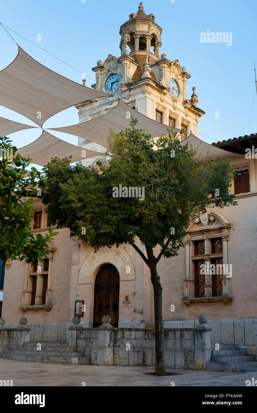 ALCUDIA, MAJORCA, SPAIN - October 2nd, 2018: Historical town hall building in old town of Alcudia Stock Photo