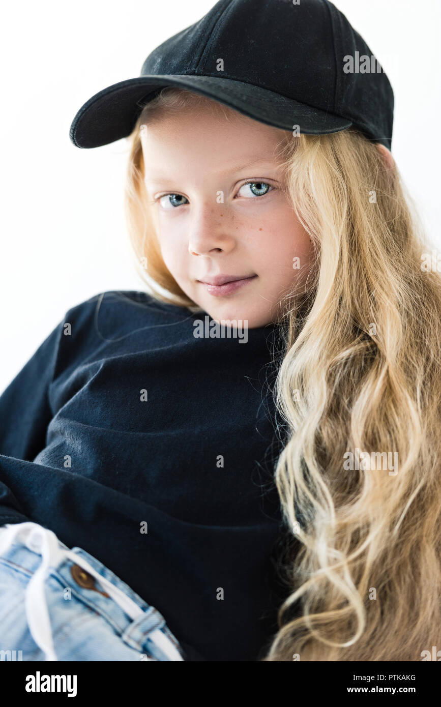 Portrait Of Beautiful Child With Long Curly Hair Wearing Black T