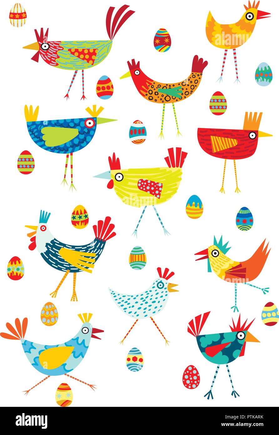 colorful funky chickens illustration on a white background stock