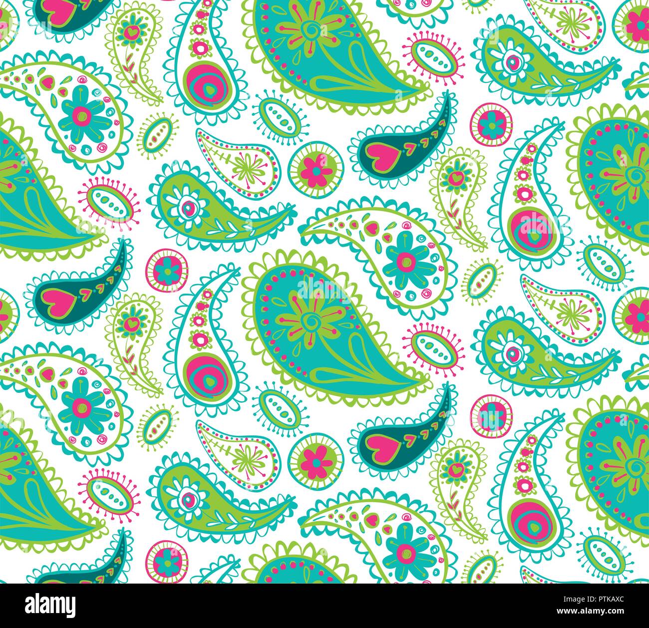 Vector decorative paisley design in greens, aquamarines and pinks pattern background. Use for fabrics, quilts, wallpapers, scrapbooking and crafts Stock Vector