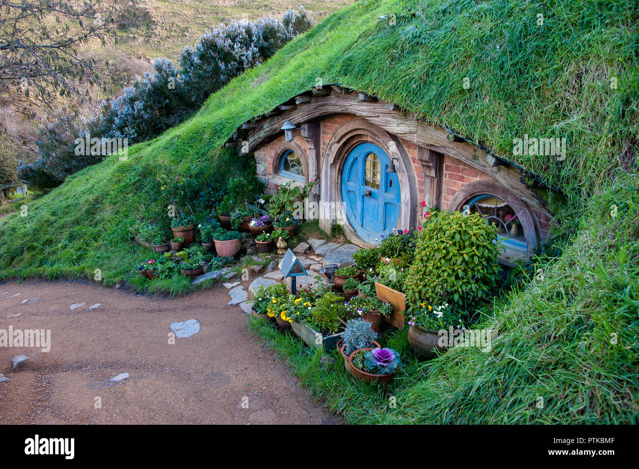 Matamata, New Zealand: Hobbiton movie set created to film Lord of the Rings and The Hobbit. House with blue door nestled into the hillside Stock Photo