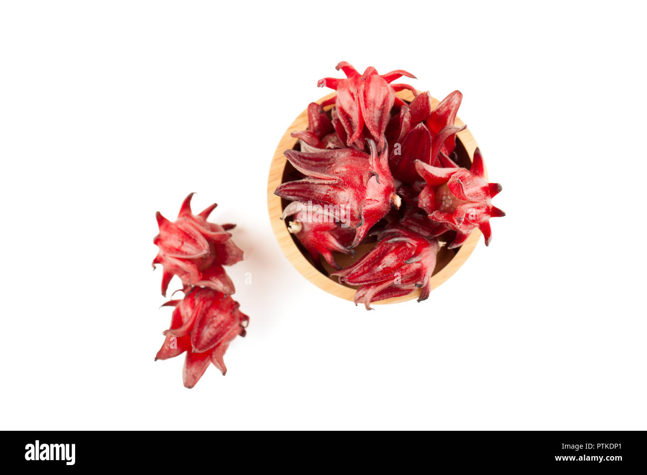top view angle of red roselle wooden bowl isolated on white background with clipping path and soft shadow Stock Photo
