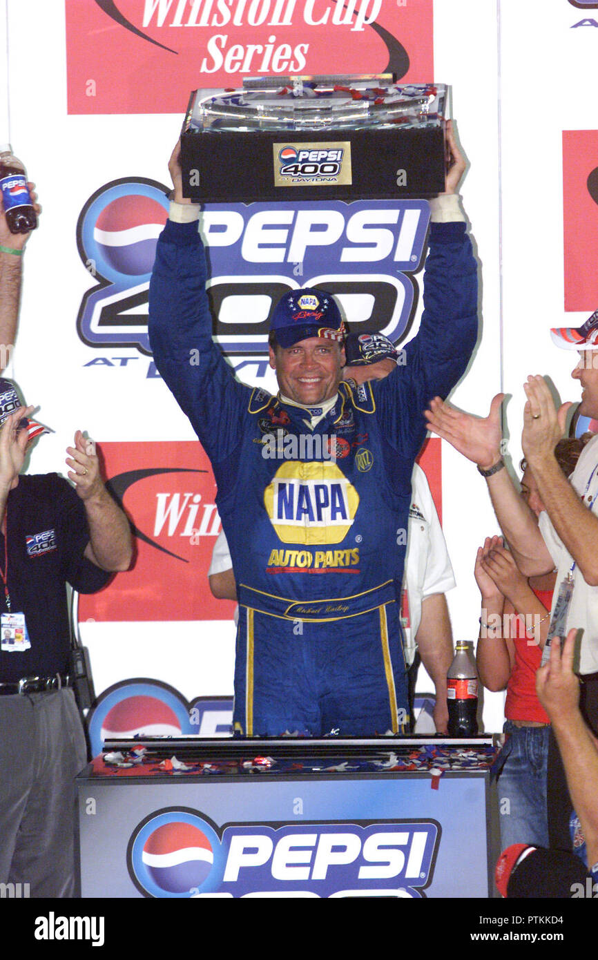 Michael Waltrip celebrates winning the NASCAR Pepsi 400, at Daytona