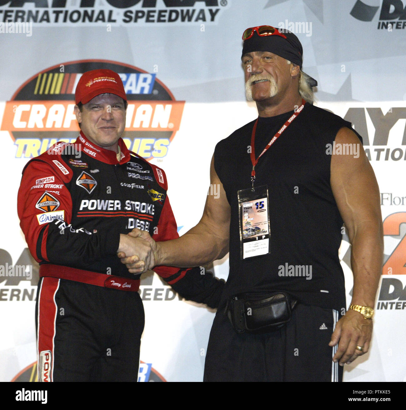 Terry Cook pole siter meets Hulk Hogan prior to the start of the NASCAR Florida Dodge Dealers 250, at Daytona International Speedway in Daytona Beach,  Florida, on February 13, 2004. Stock Photo