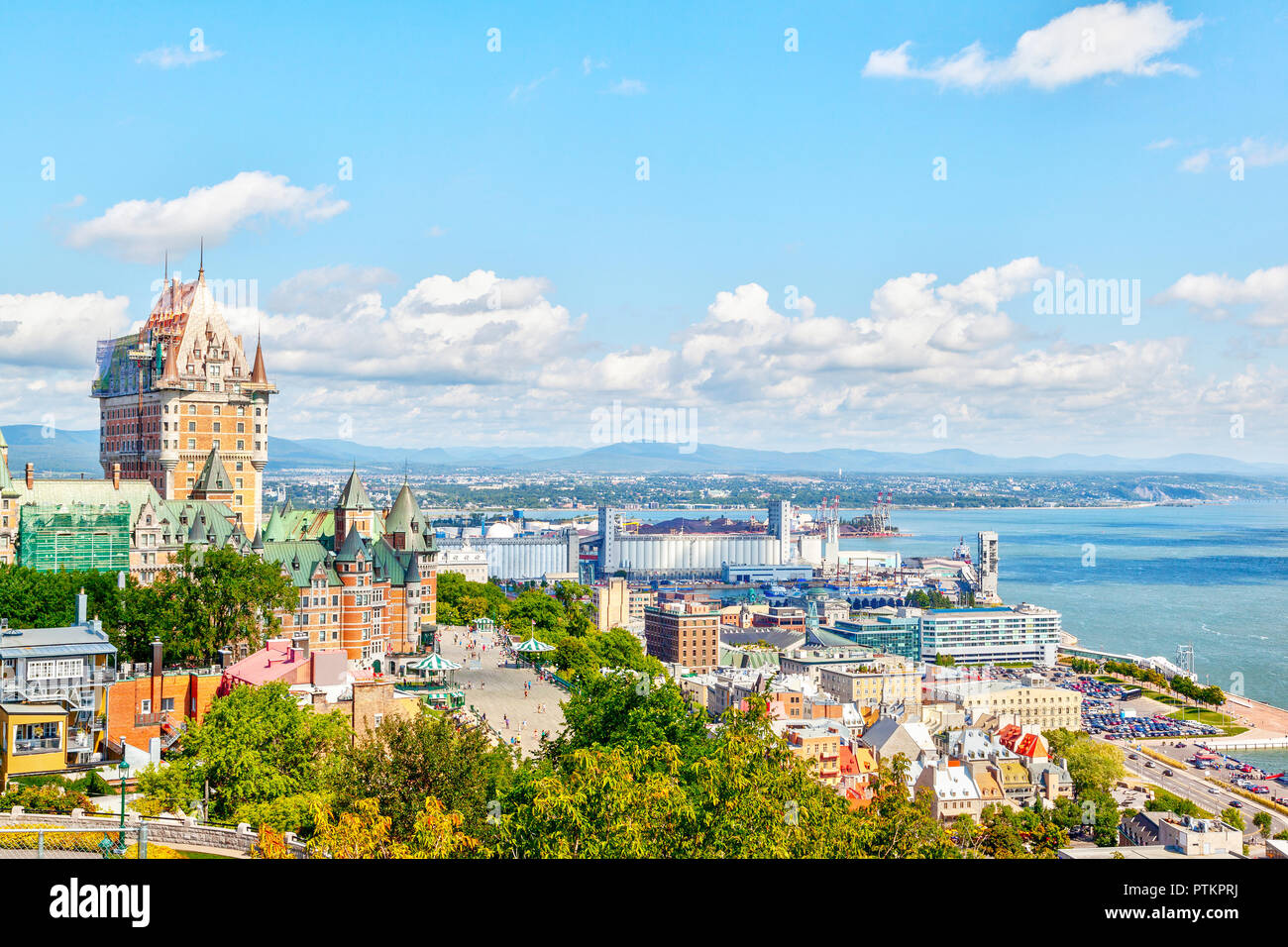 View of Old Quebec skyline and surrounding landscape with Chateau Frontenac, Dufferin Terrace boardwalk and the Saint Lawrence River in Quebec City, Q Stock Photo