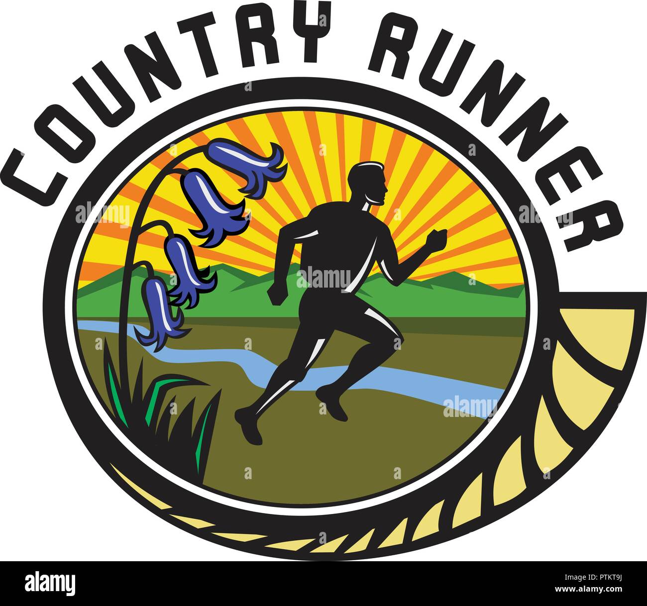 Retro style illustration of a cross country marathon runner running with bluebells, river and mountains with text Country Runner set inside oval on is Stock Vector