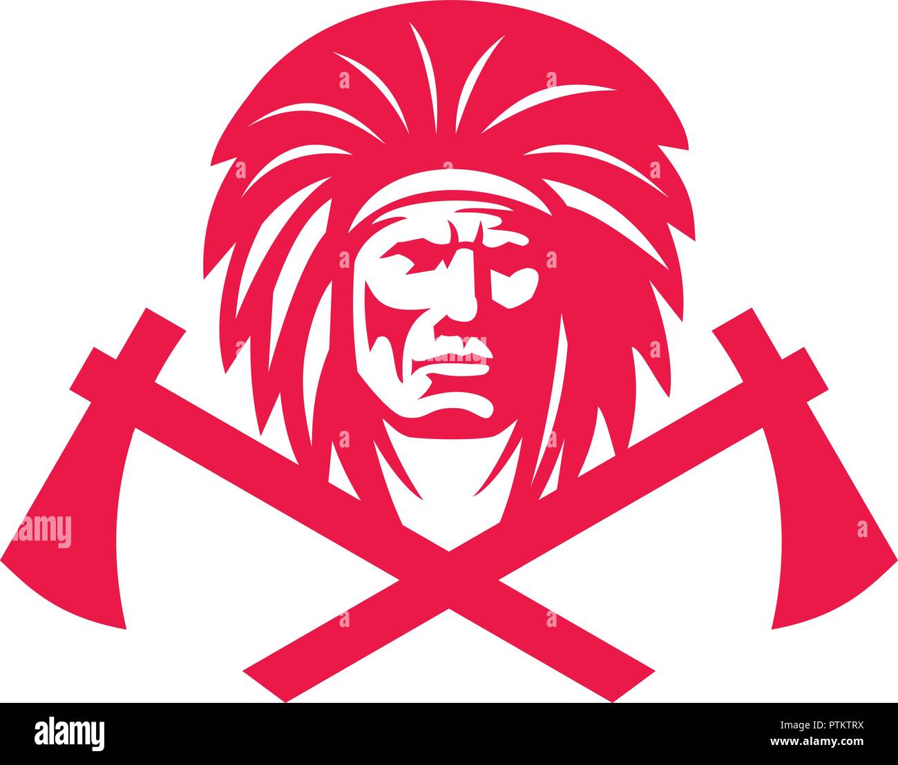 Mascot icon illustration of head of a Native American Indian wearing headdress with crossed tomahawk viewed from front on isolated background in retro Stock Vector