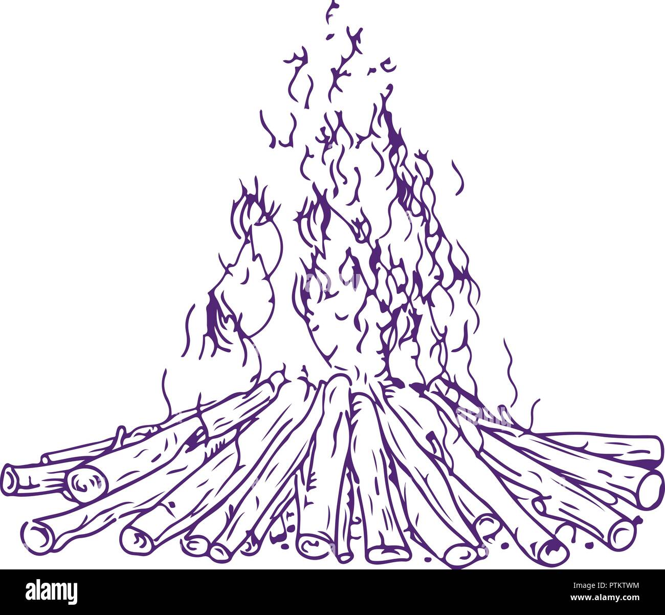 Drawing sketch style illustration of a bonfire or campfire with firewood burning on fire on isolated background. Stock Vector