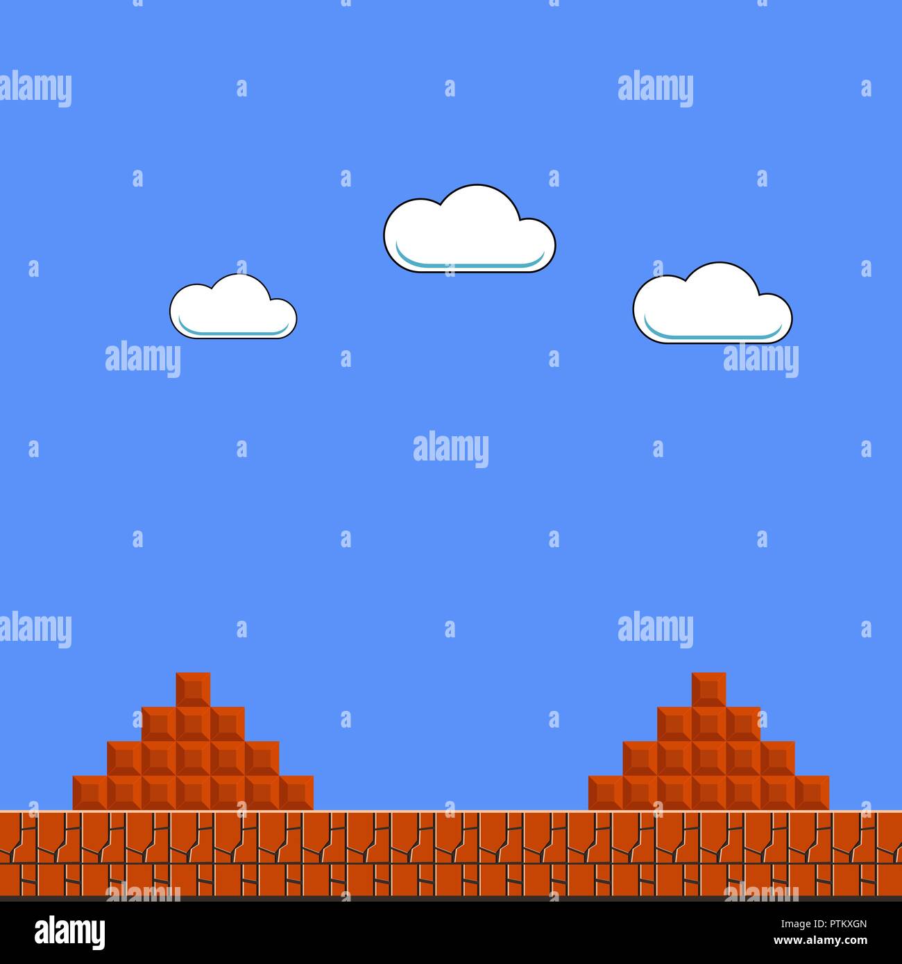 Old Game Background. Classic Arcade Design with Clouds and Brick. Stock Vector
