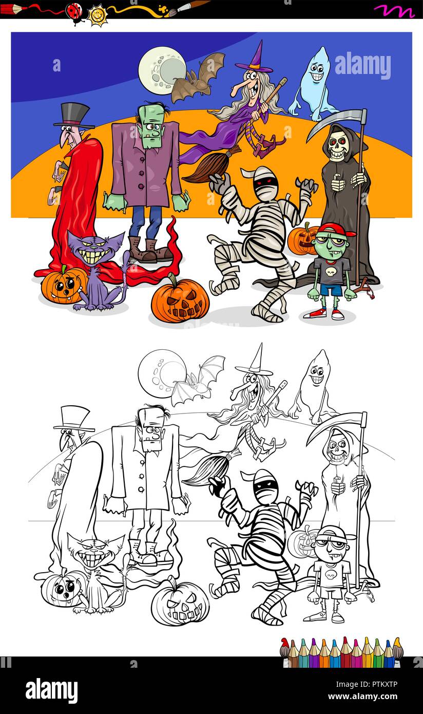 Cartoon Illustration of Scary Halloween Characters Group Coloring Book