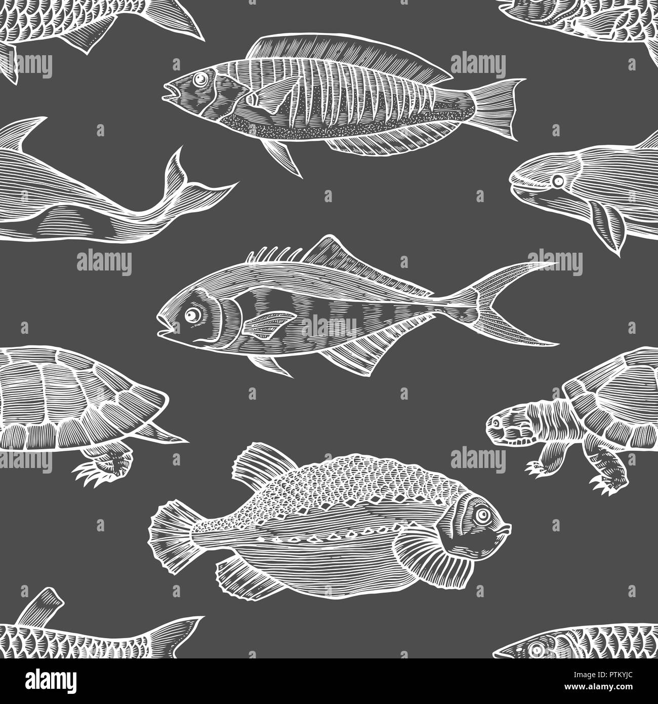Seamless vector pattern with Black fish on white background. Vintage engraving art. Hand drawing