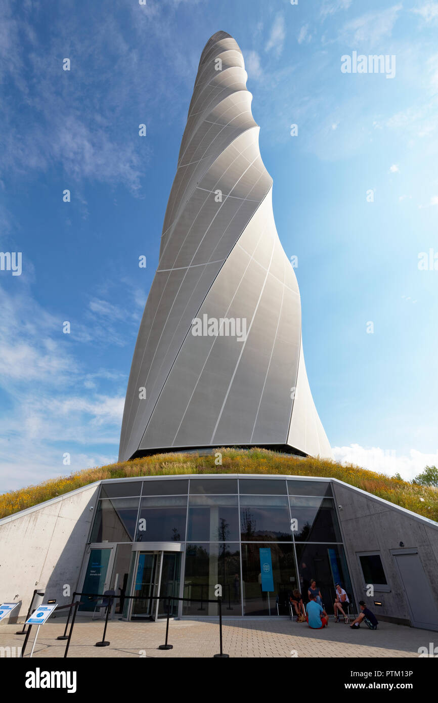 Visitors' entrance, Thyssenkrupp test tower for elevators with visitor platform, Rottweil, Baden Württemberg, Germany Stock Photo