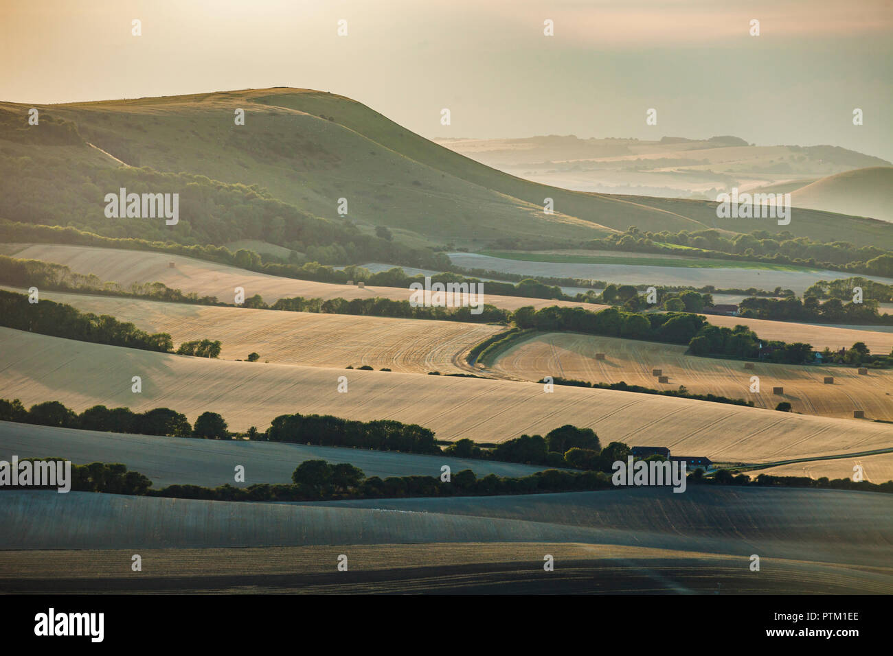 Summer evening at Firle Beacon in South Downs National Park. Stock Photo