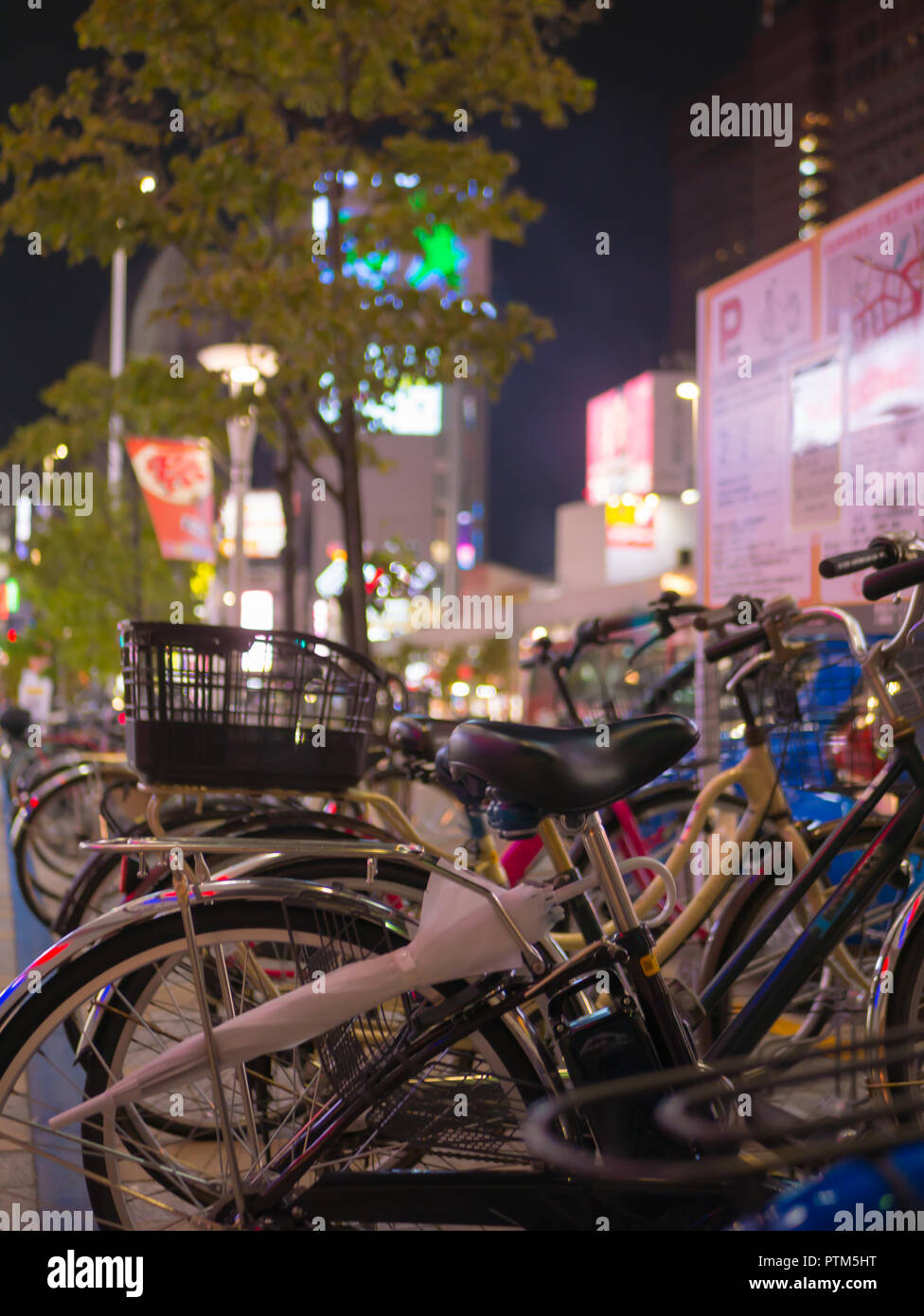 Tokyo, Japan. September 11, 2018. Bicycle parking at night in Shinjuku