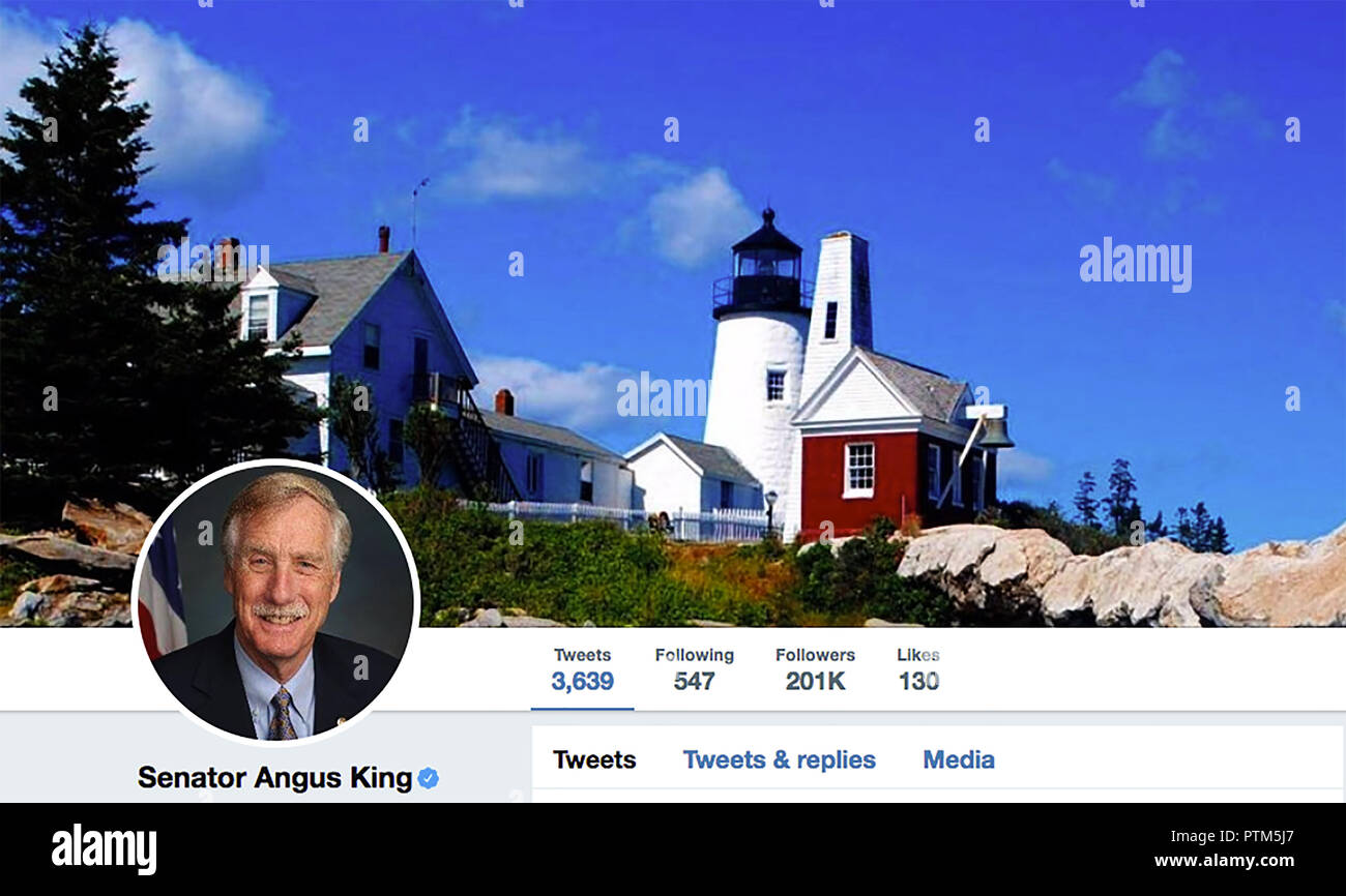 Twitter page for Angus King. Angus Stanley King Jr. is an American politician and attorney serving as the junior United States Senator from Maine since 2013. A political independent since 1993, he was the 72nd Governor of Maine from 1995 to 2003. Stock Photo