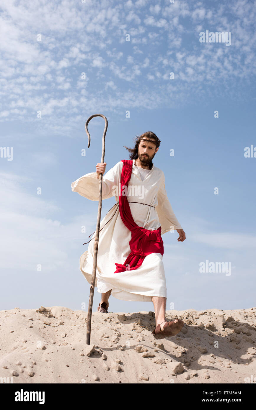 Jesus In Robe Red Sash And Crown Of Thorns Holding Rosary And Protecting  Face From Light In Desert Stock Photo - Download Image Now - iStock