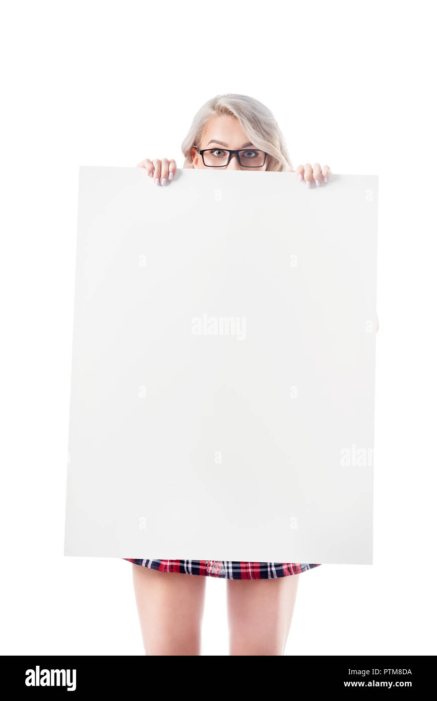 obscured view of blond woman in eyeglasses holding blank banner isolated on white Stock Photo