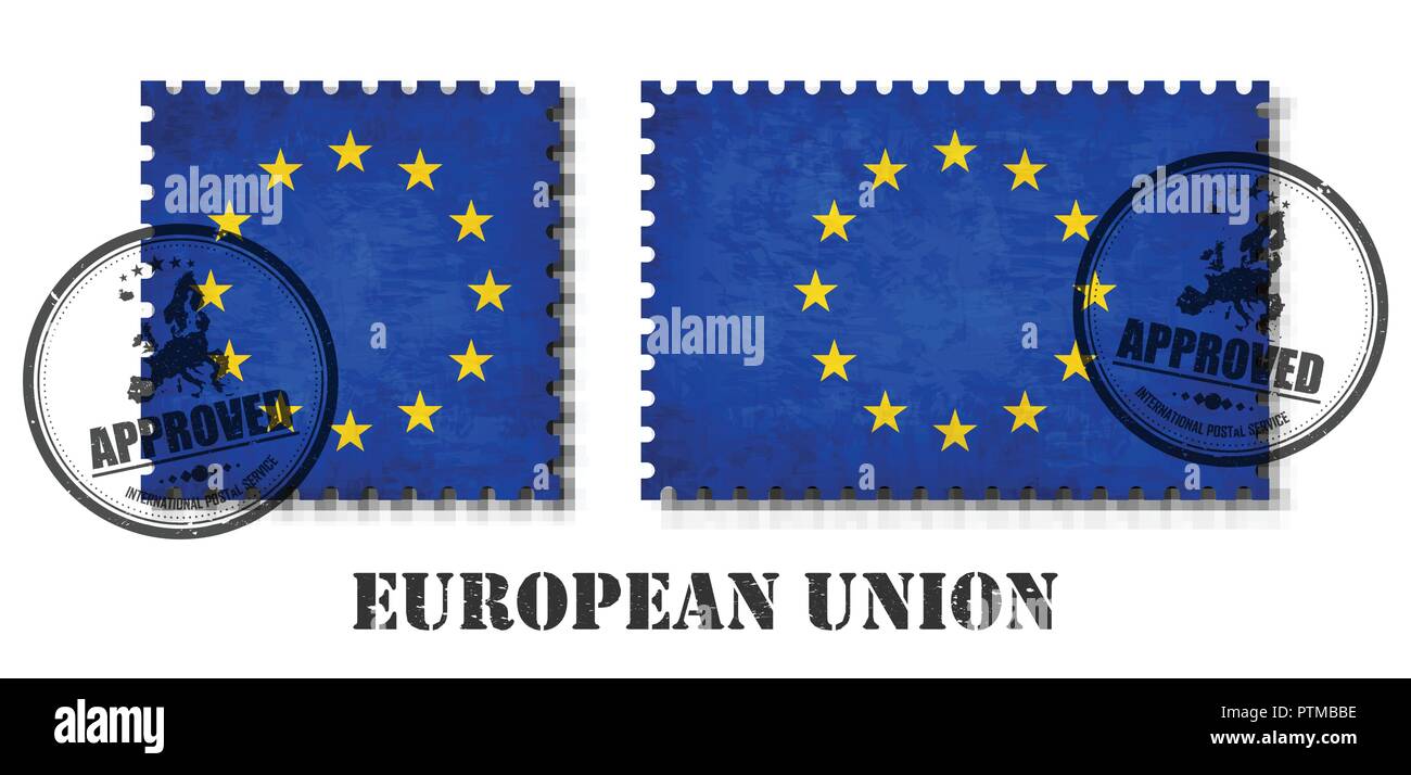 European union flag ( EU ) pattern postage stamp with grunge old scratch texture and affix a seal on isolated background . Black color country name wi Stock Vector