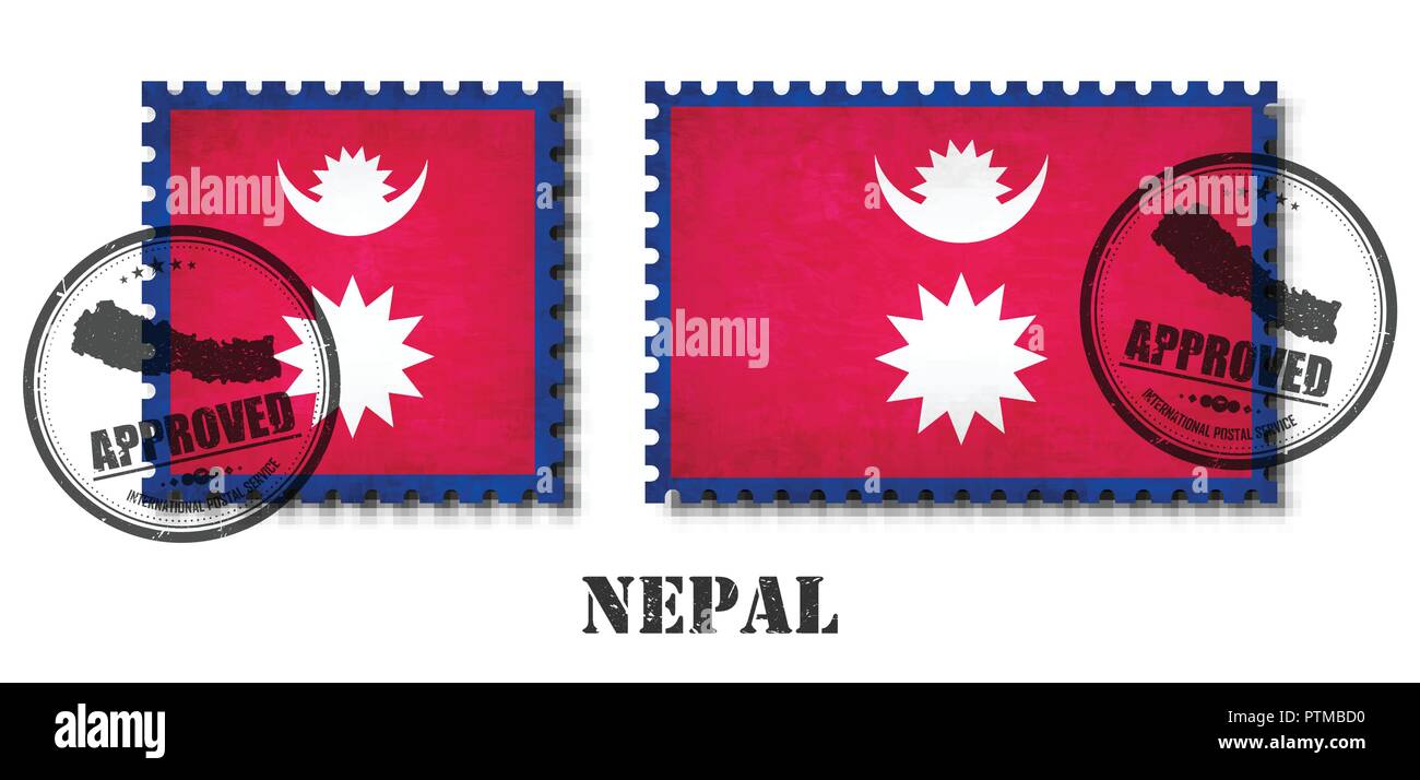 Nepal or nepalese flag pattern postage stamp with grunge old scratch texture and affix a seal on isolated background . Black color country name with a Stock Vector