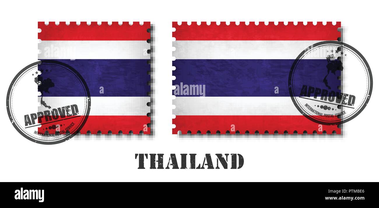 Thailand or thai flag pattern postage stamp with grunge old scratch texture and affix a seal on isolated background . Black color country name with ab Stock Vector