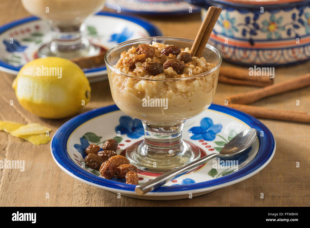 Arroz con leche. Cinnamon rice pudding. Hispanic dessert Stock Photo